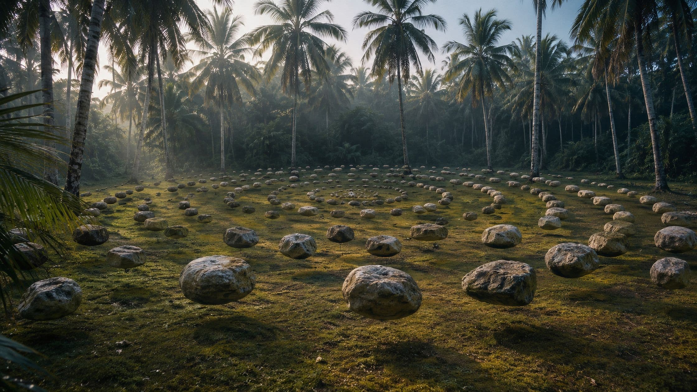 A clearing among palm trees in the morning mist, scattered with old round stones, the low sun breaking through