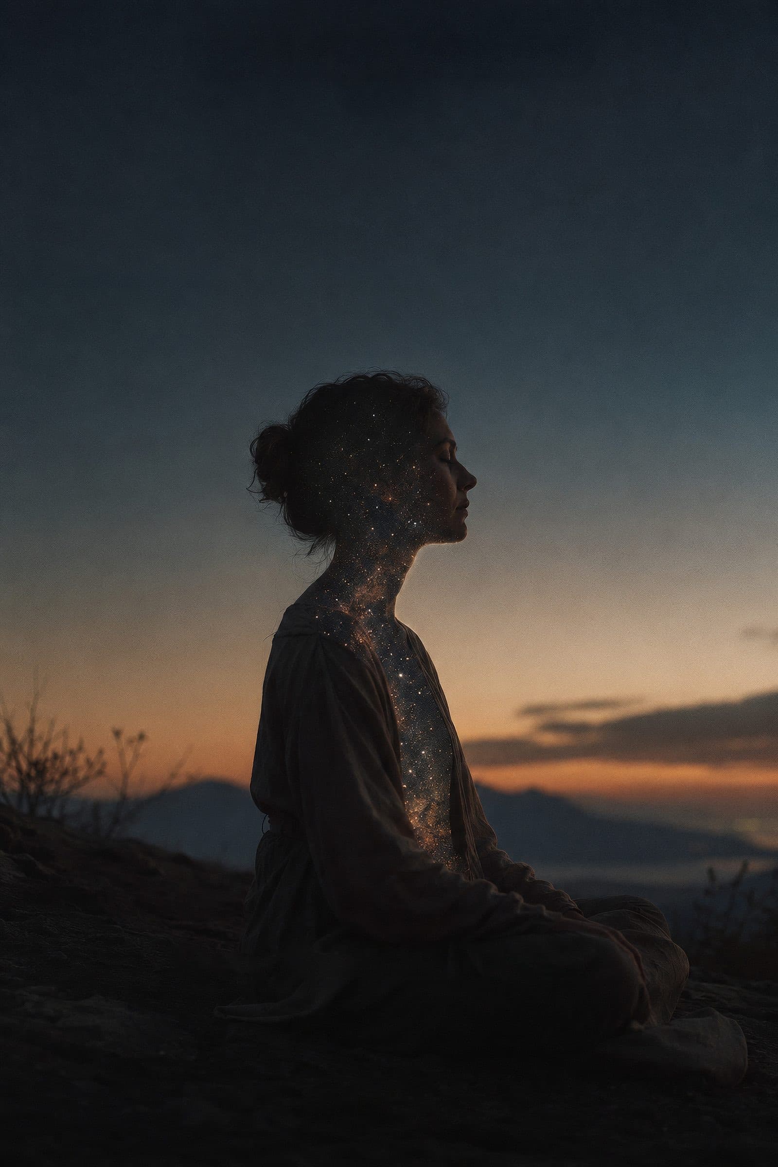 A woman seated in meditation on a hillside at dusk, small lights like stars glowing within her body