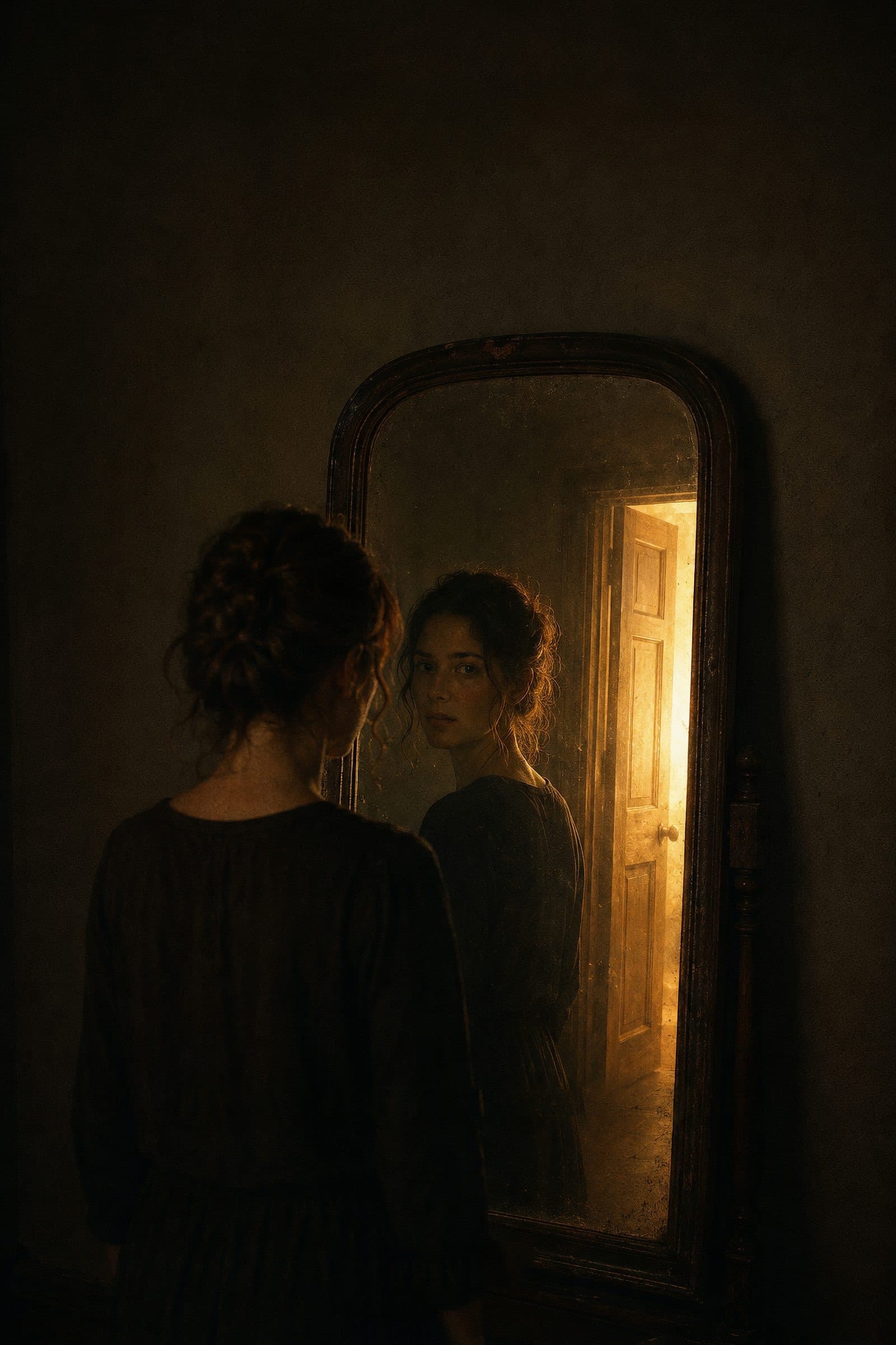 A woman before an old mirror in a dark room; in the mirror, behind her reflection, a door stands open on golden light