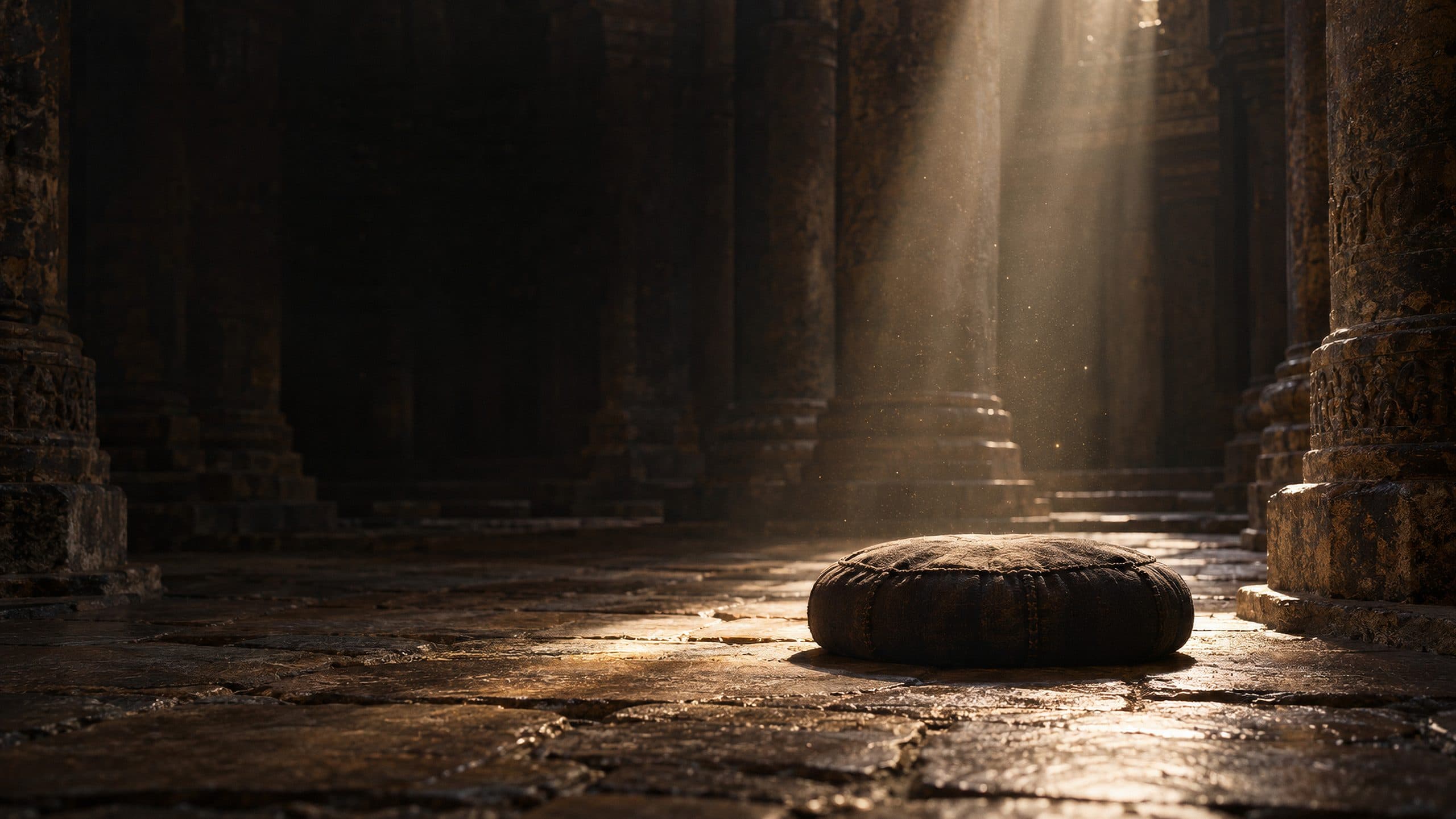 An empty meditation cushion on the stone floor of a pillared temple hall, a shaft of light falling across it