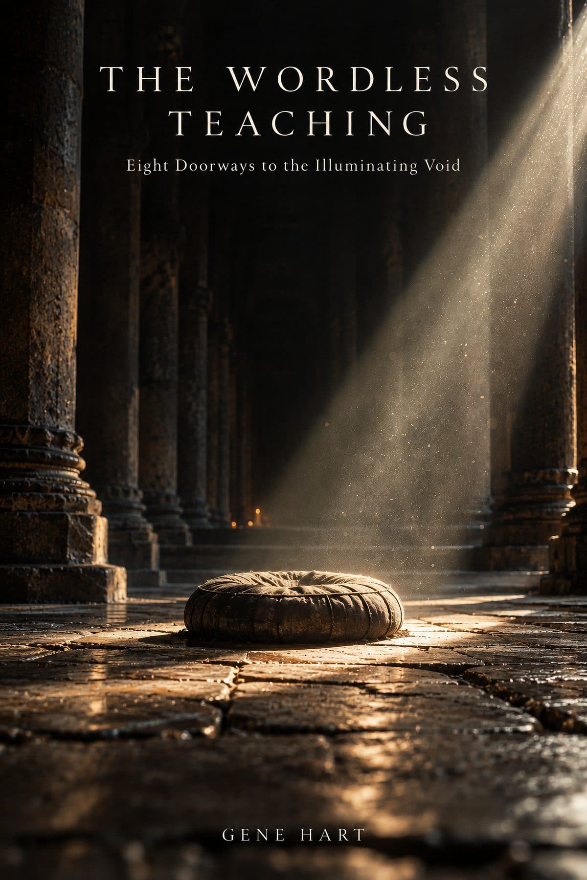 The cover of The Wordless Teaching by Gene Hart: an empty meditation cushion on the stone floor of a pillared temple hall, a shaft of light falling across it